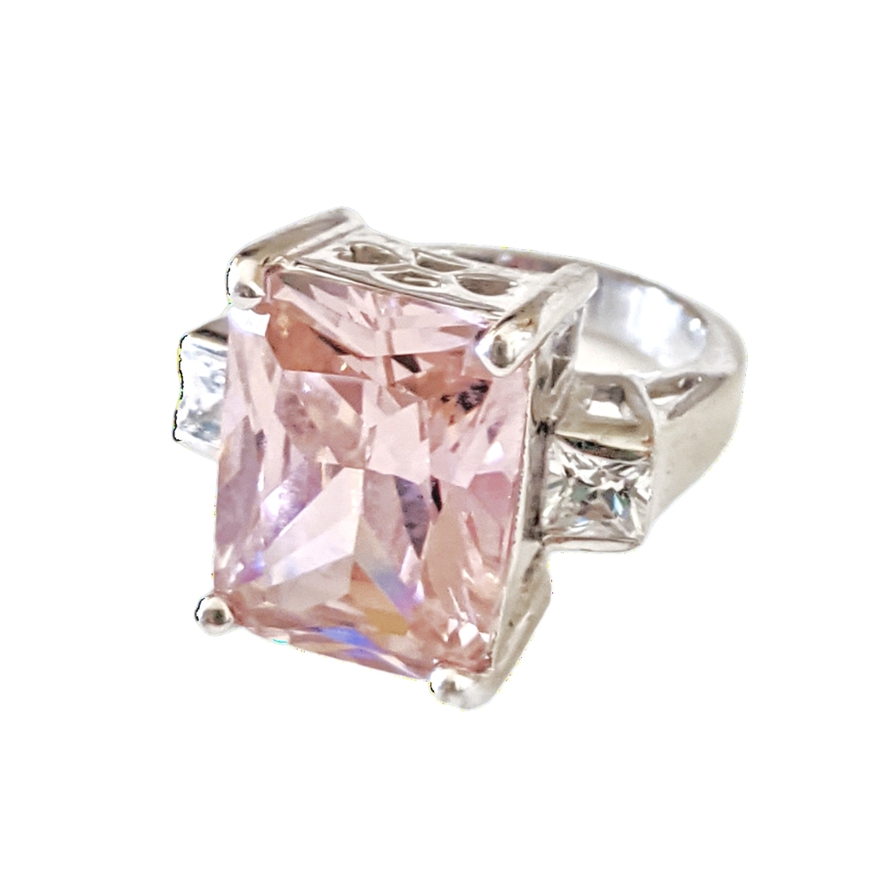 Silver Plated Ring with Impressive Pink CZ Center Stone & Clear CZ Stones
